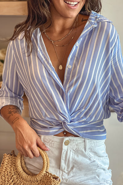 blue striped knot front roll sleeve shirt