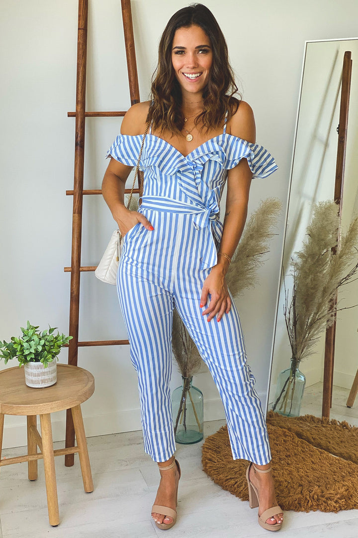 Blue Striped Ruffled Jumpsuit | Jumpsuits – Saved by the Dress display picture 1