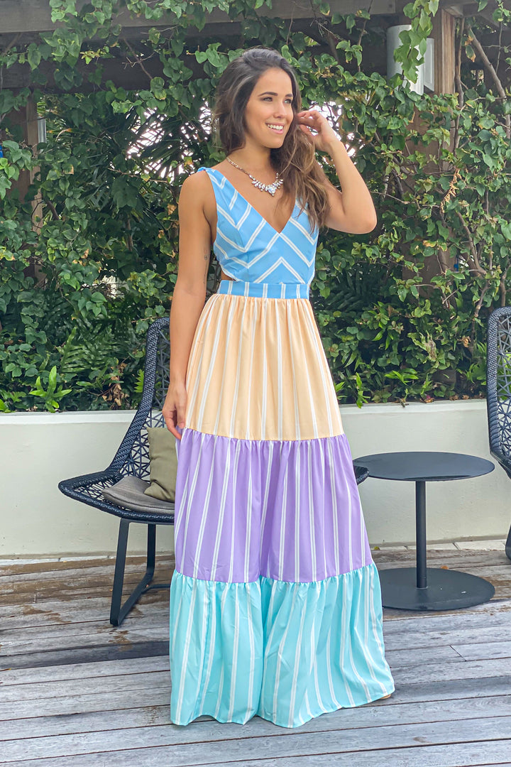 Blue Multi Colored Striped Maxi Dress | Maxi Dresses Saved by the Dress Blue Multi Colored Striped Maxi Dress | Maxi Dresses Saved by the Dress