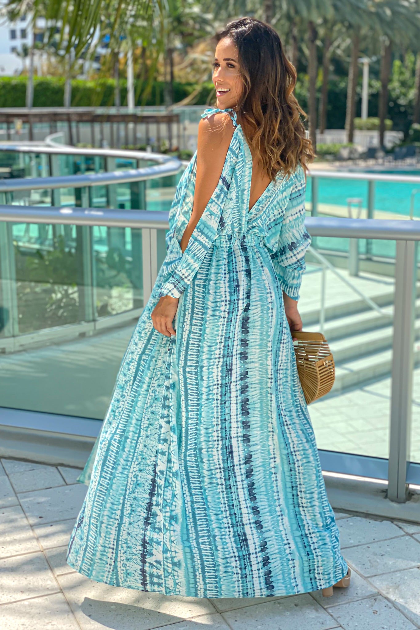 blue tie dye maxi dress with sleeves