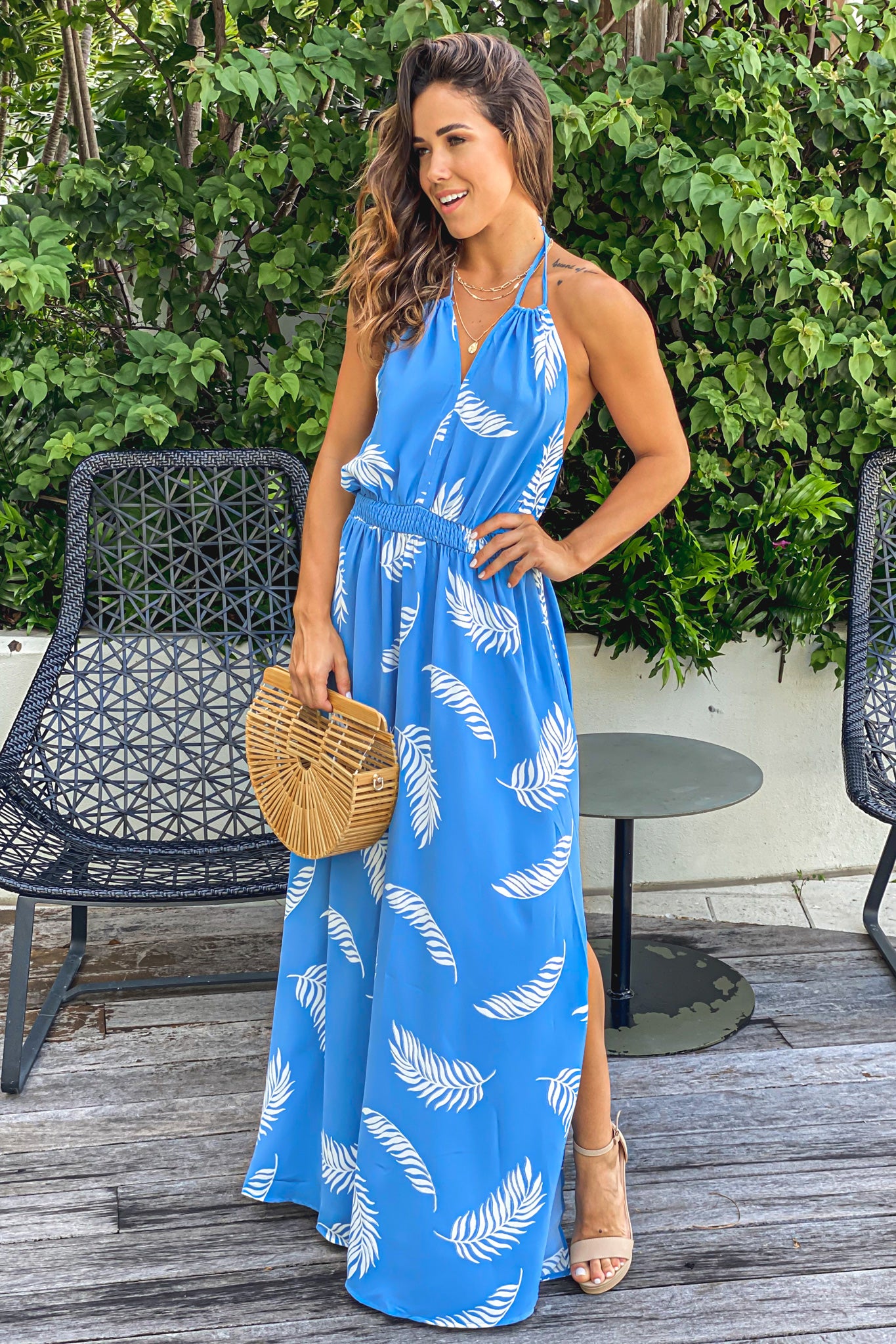 blue tropical print maxi dress