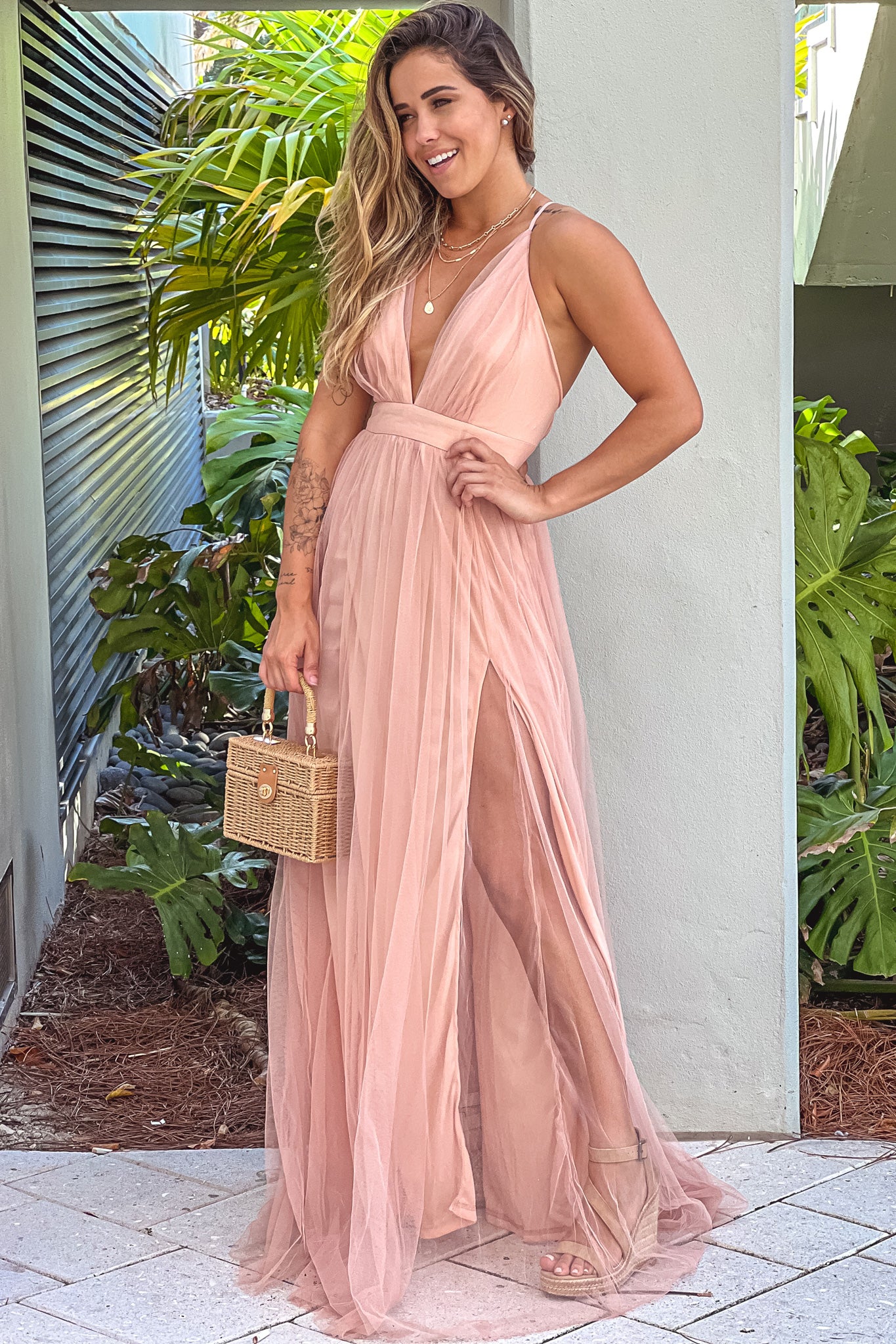 blush vtulle maxi dress with slits