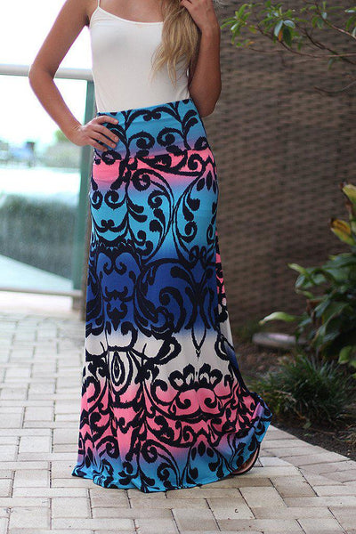 Blue and Pink Pinted Maxi Skirt