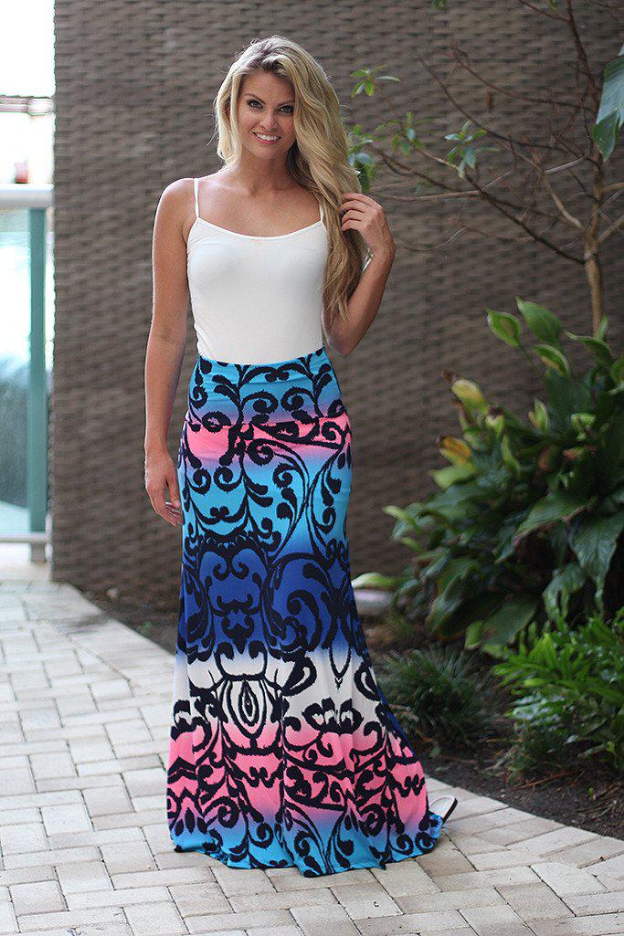 Blue and Pink Pinted Maxi Skirt