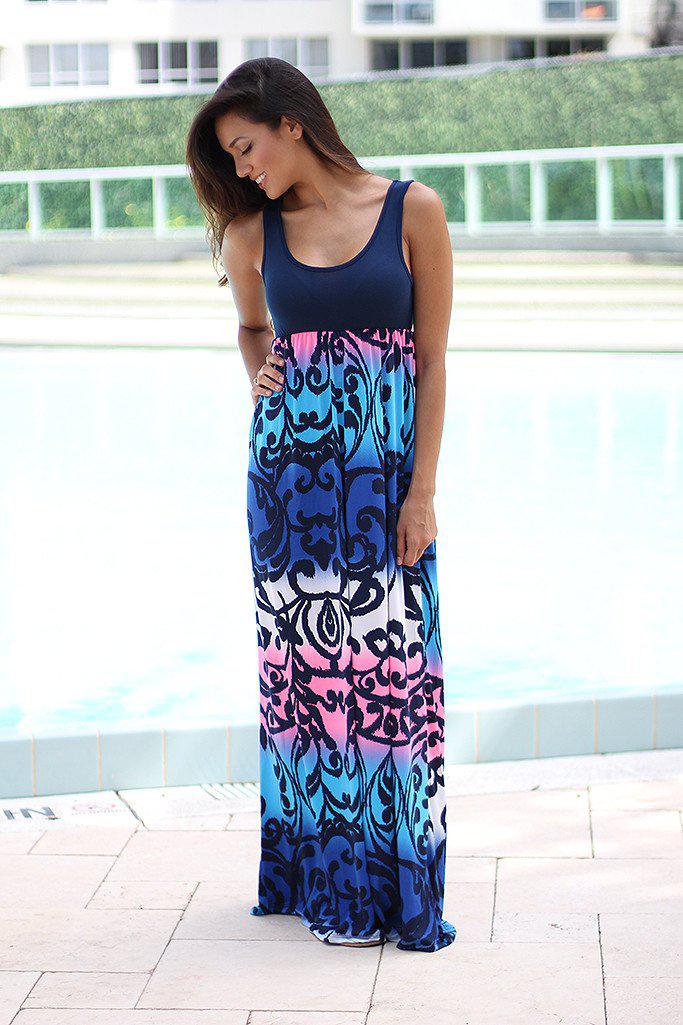 Blue and Pink Printed Maxi Dress