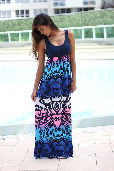 Blue and Pink Printed Maxi Dress