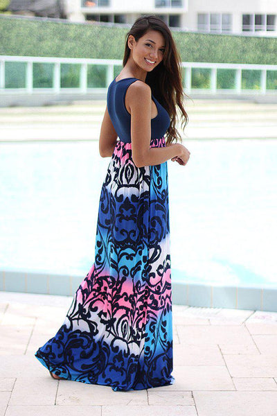 Blue and Pink Printed Maxi Dress