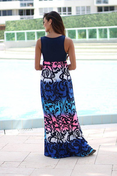 Blue and Pink Printed Maxi Dress