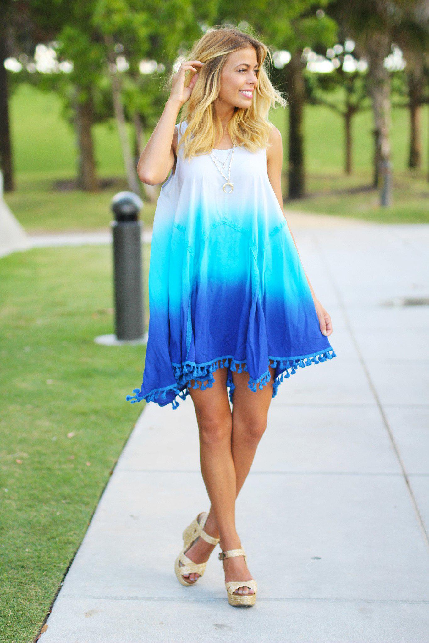 Blue Ombre Short Dress with Tassels
