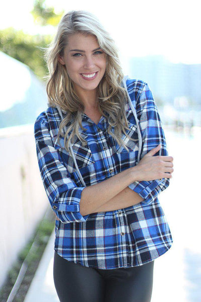 Blue Plaid Hooded Top