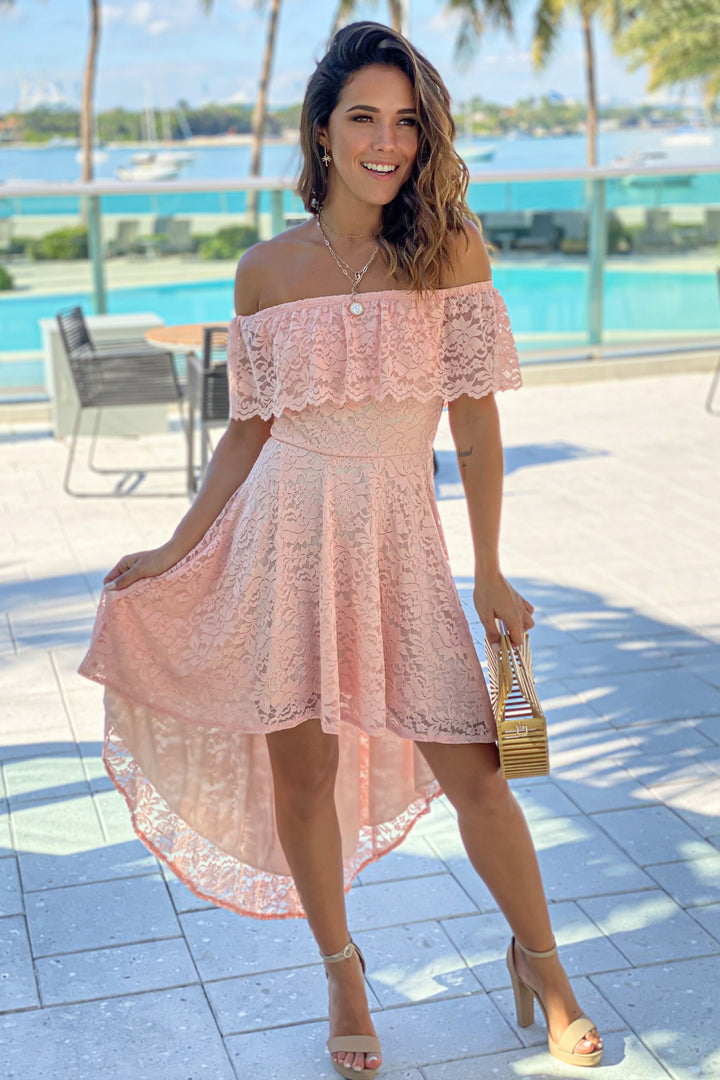 chinese dress ladies V-neck Blush Pink Chiffon Lace Bridesmaid Dresses, A-line Bridesmaid D –  ClaireBridal main image 1