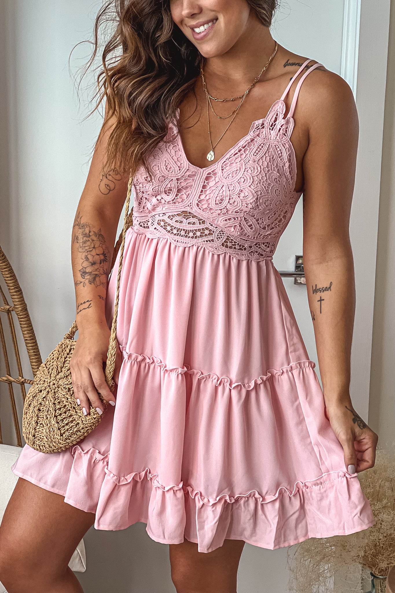 blush crochet top ruffled short dress with open back