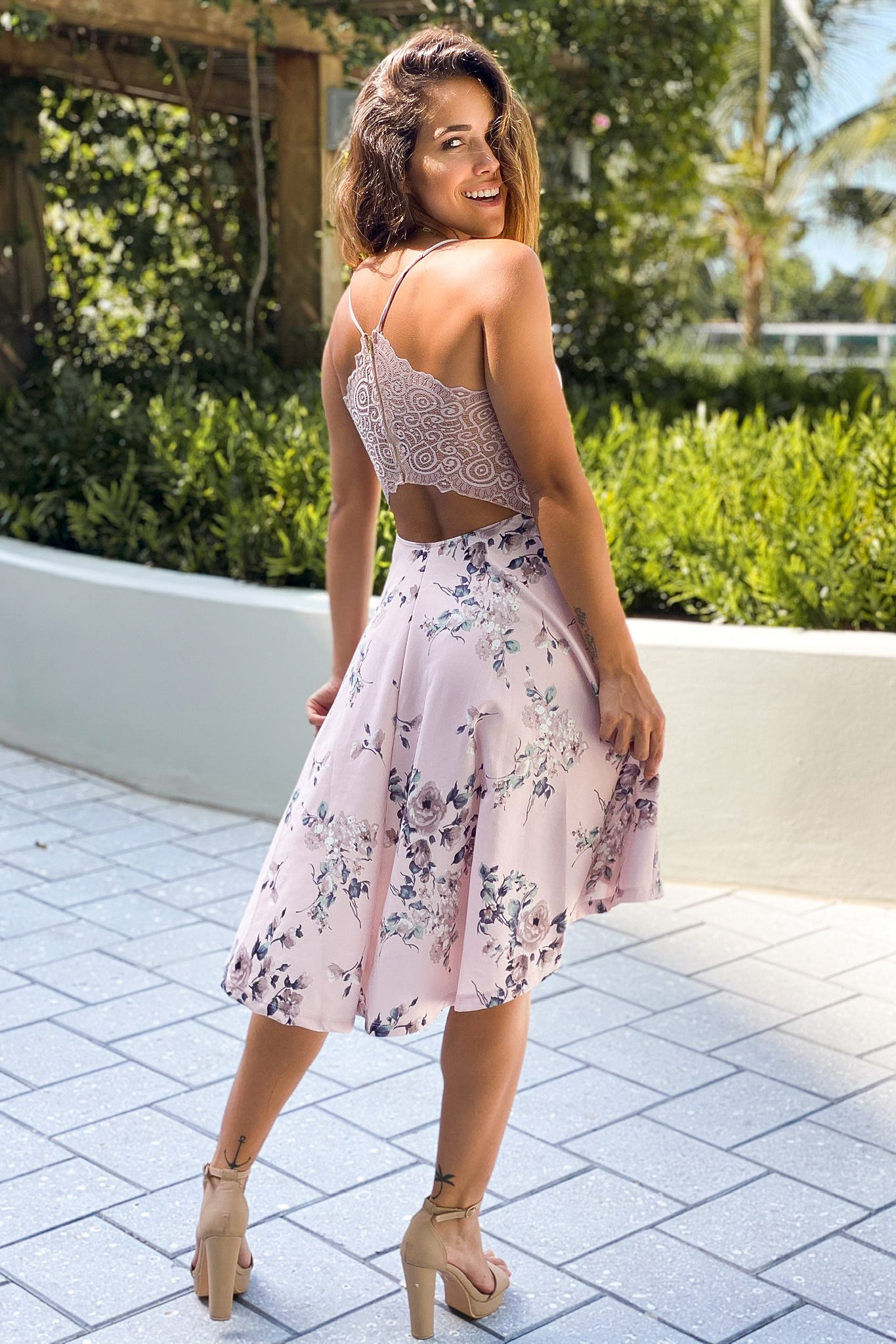 blush floral high low dress with lace back