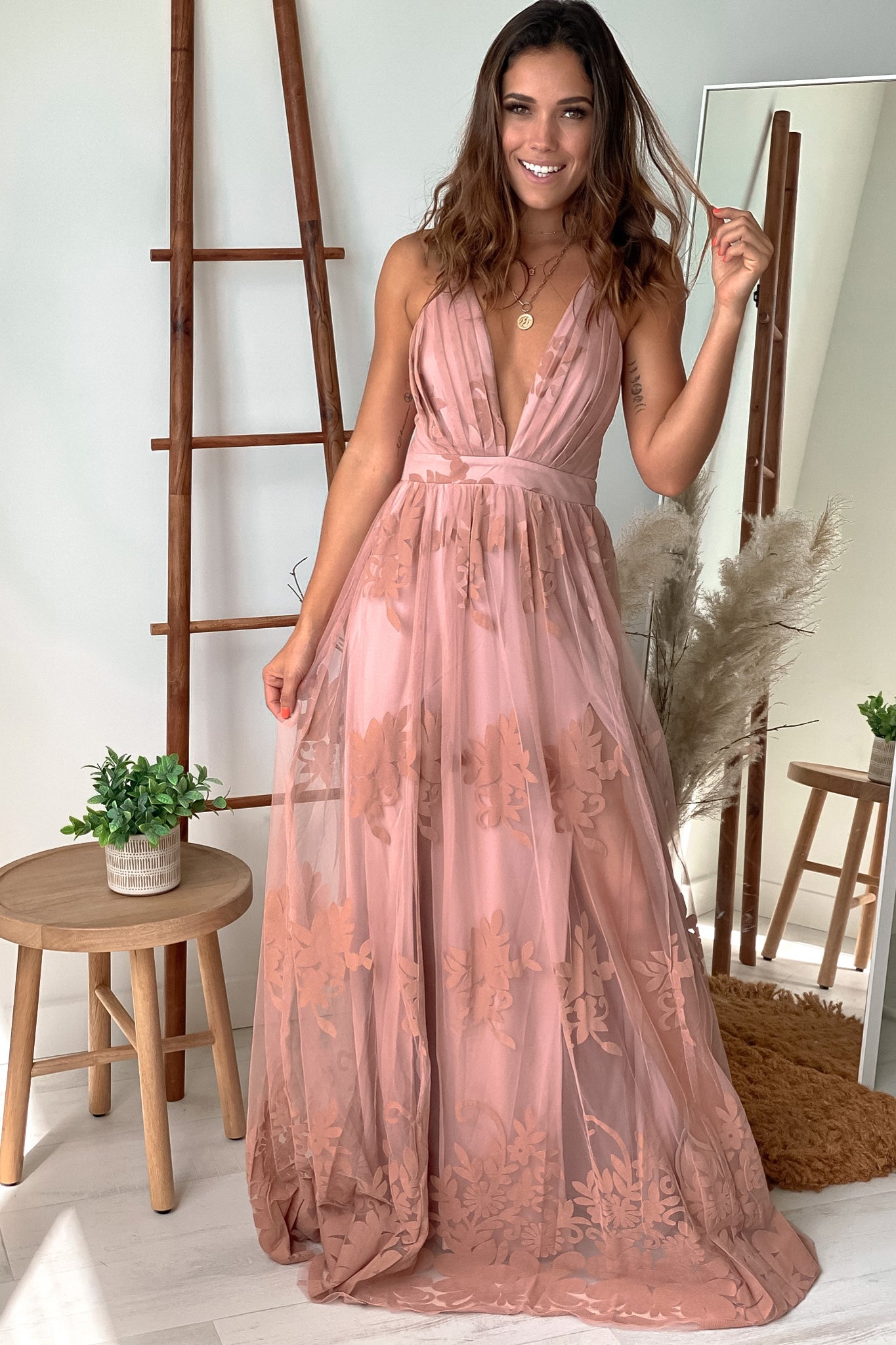 blush floral tulle maxi dress with criss cross back
