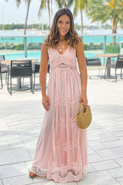 blush lace maxi dress with crochet top