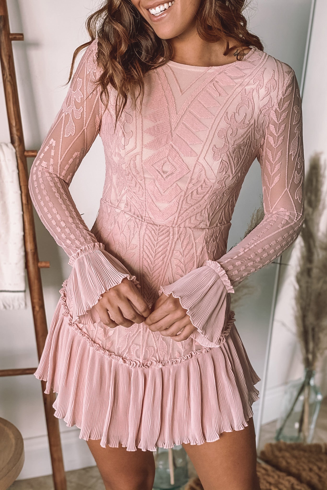 blush long sleeve lace short dress