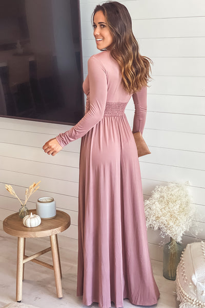 blush maxi dress with long sleeves
