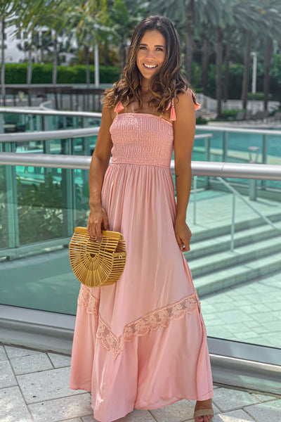 blush smocked top maxi dress with crochet detail
