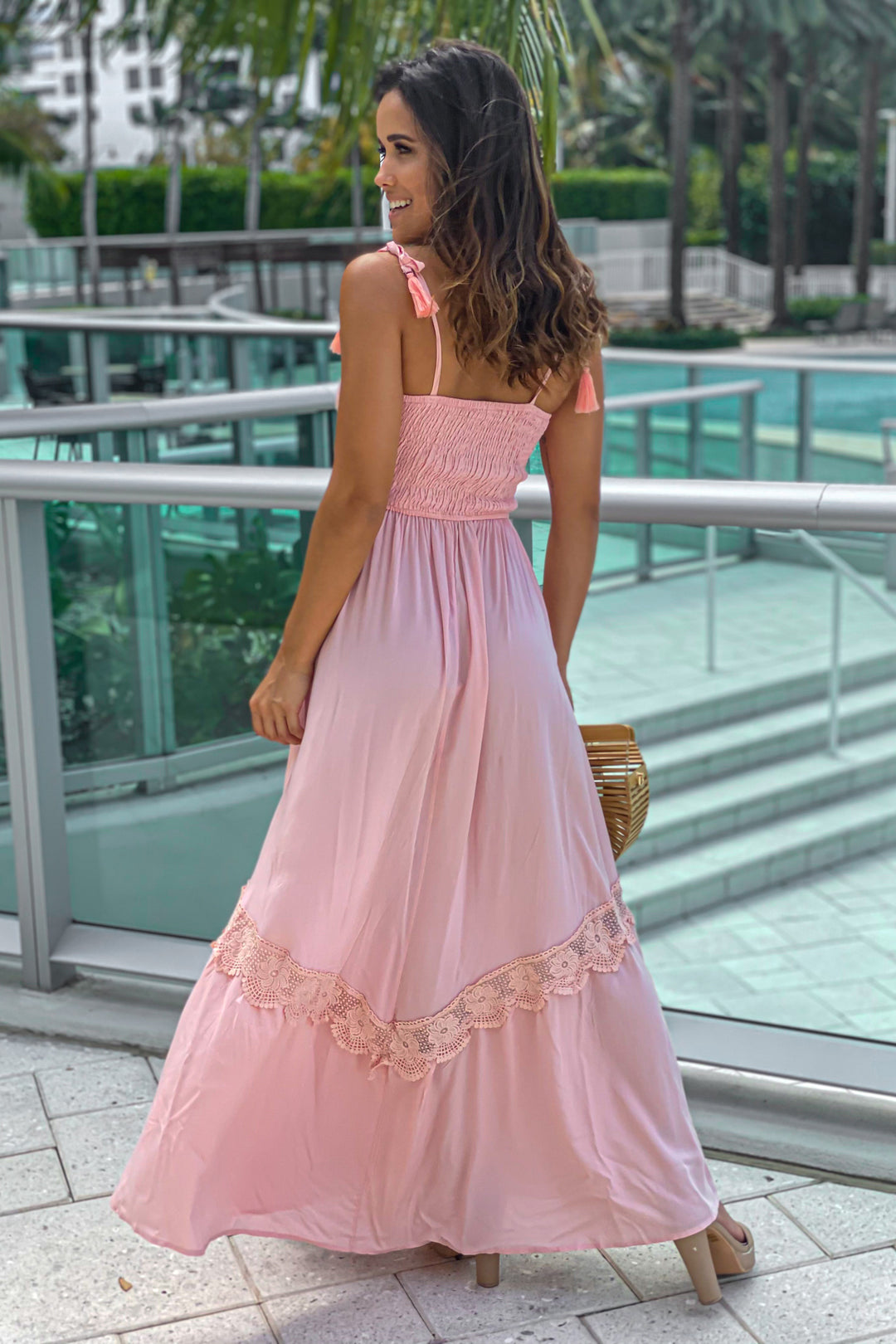 smocked top maxi dress Blush With Crochet Detail Grace Strapless Draped Waist Size_60 The maxi length offers Color:OLDIE RED