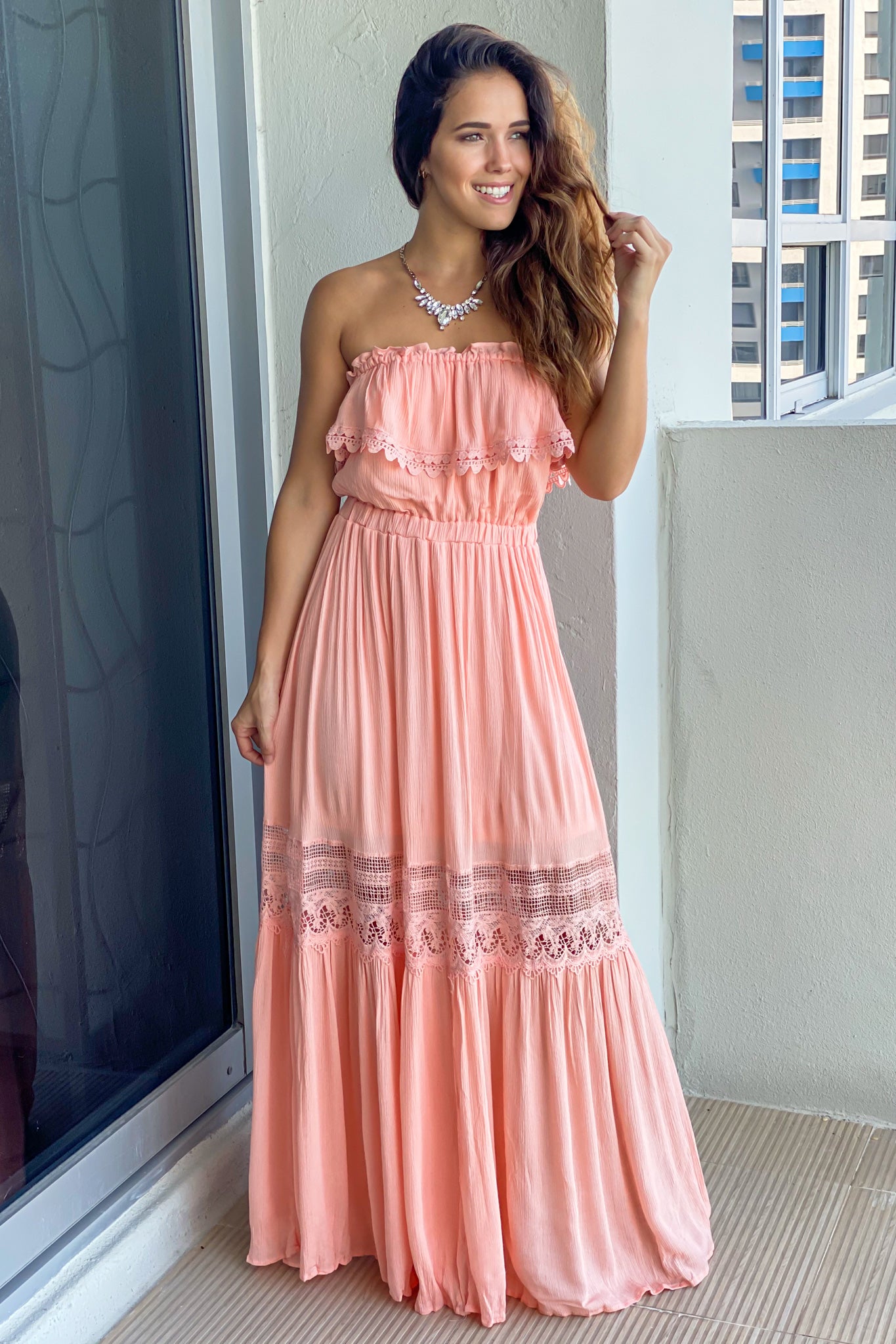 blush strapless maxi dress