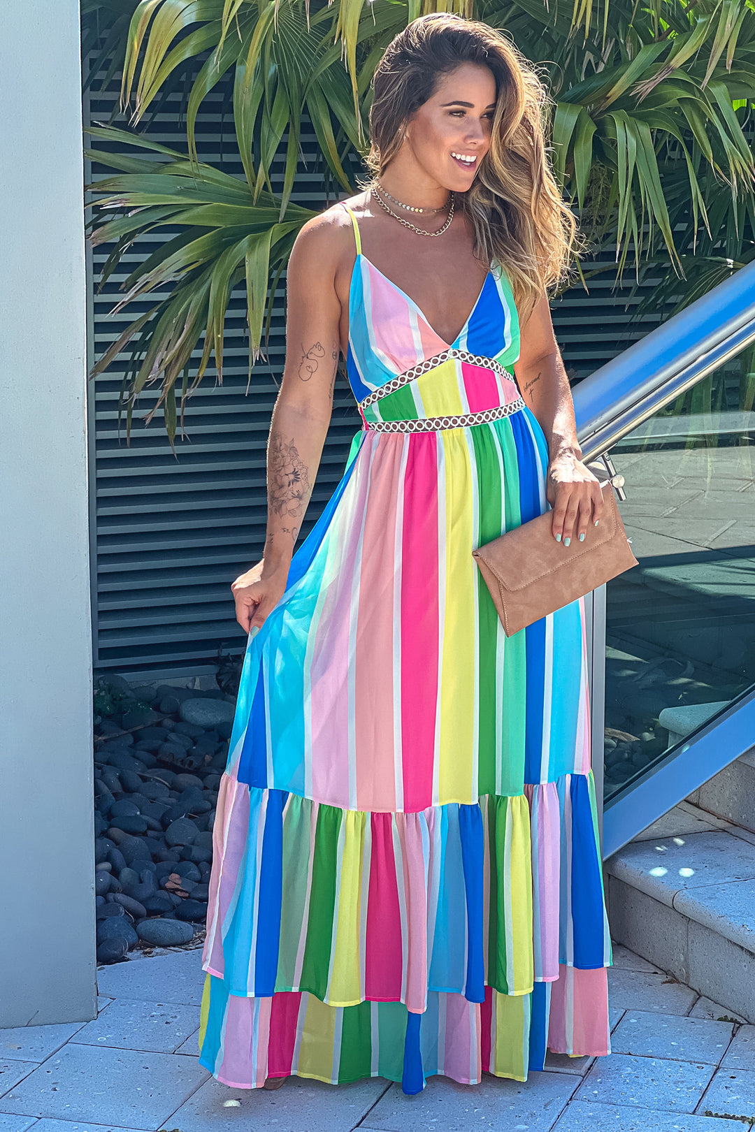 ブランド通販 Color Multi Striped Blush Maxi Back Cross Criss With Dress ワンピース