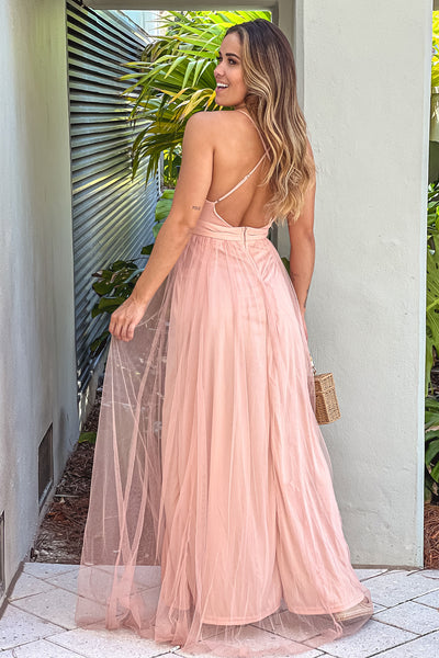 blush tulle maxi dress with criss cross back