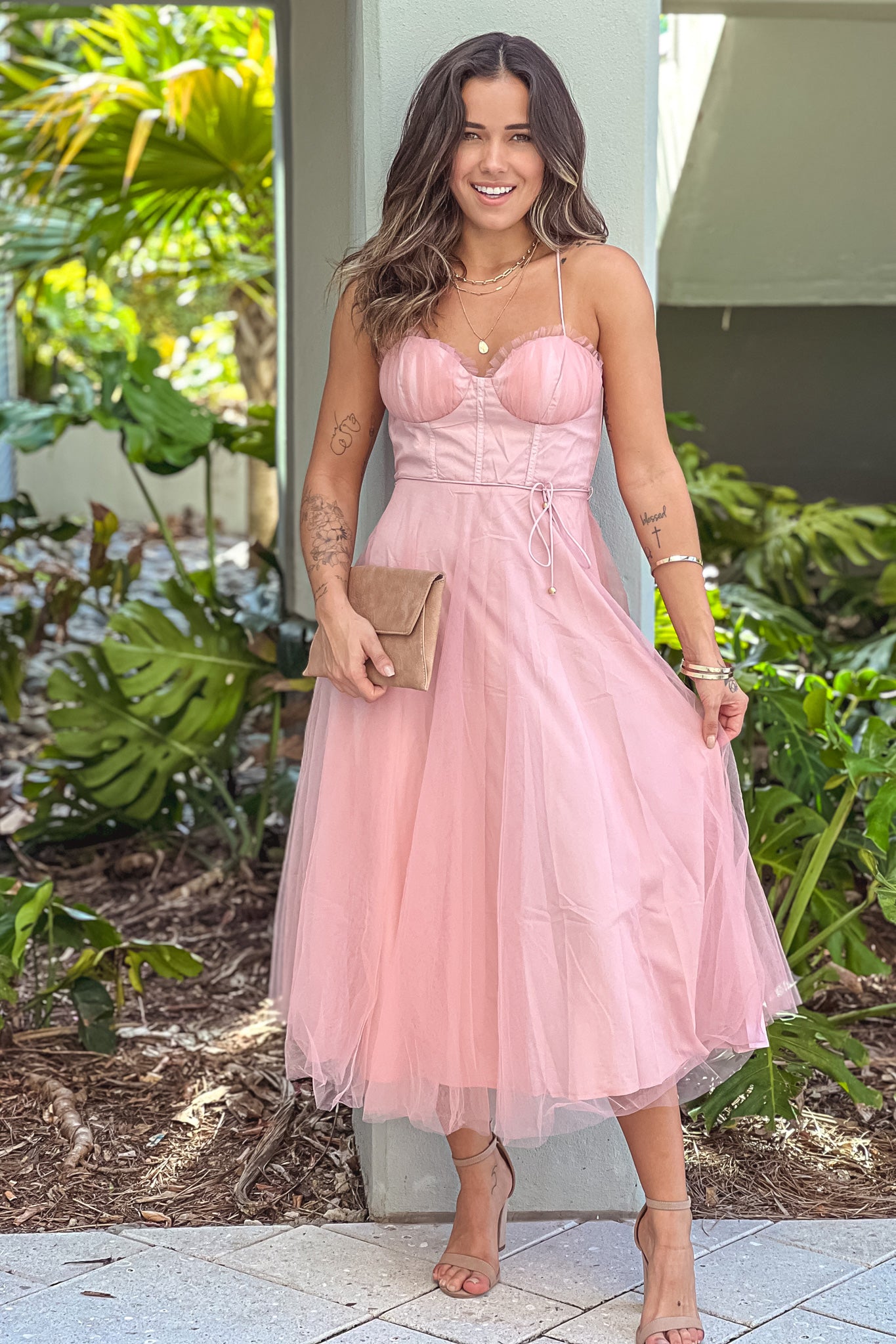 blush tulle midi dress with lace detail