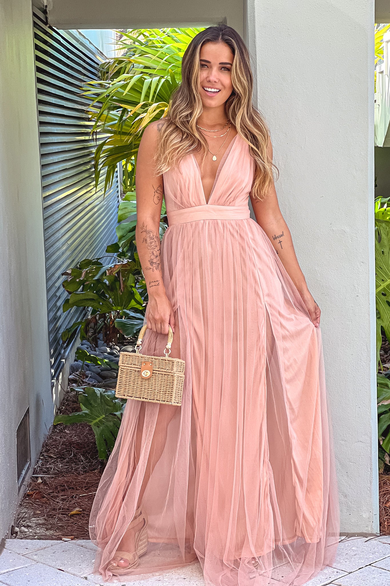 blush v-neck tulle maxi dress with criss cross back