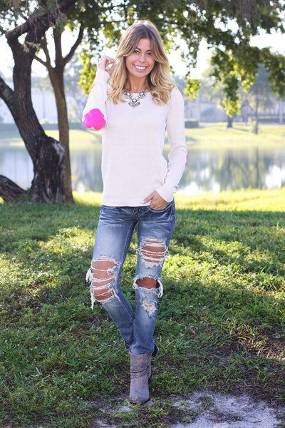 Cream Sweater With Heart Elbow Patches