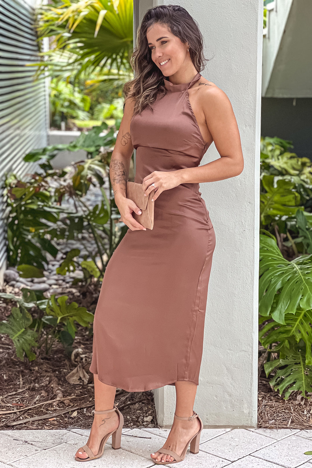 Brown Satin Midi Dress