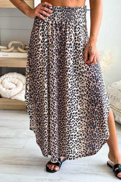 brown leopard print high rise maxi skirt