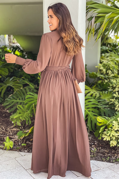 brown maxi dress with long sleeves