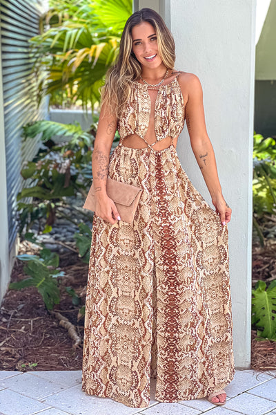 brown printed maxi dress with cut outs