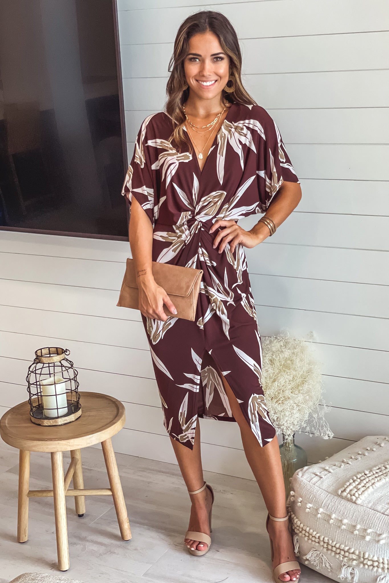brown printed midi dress with knot front