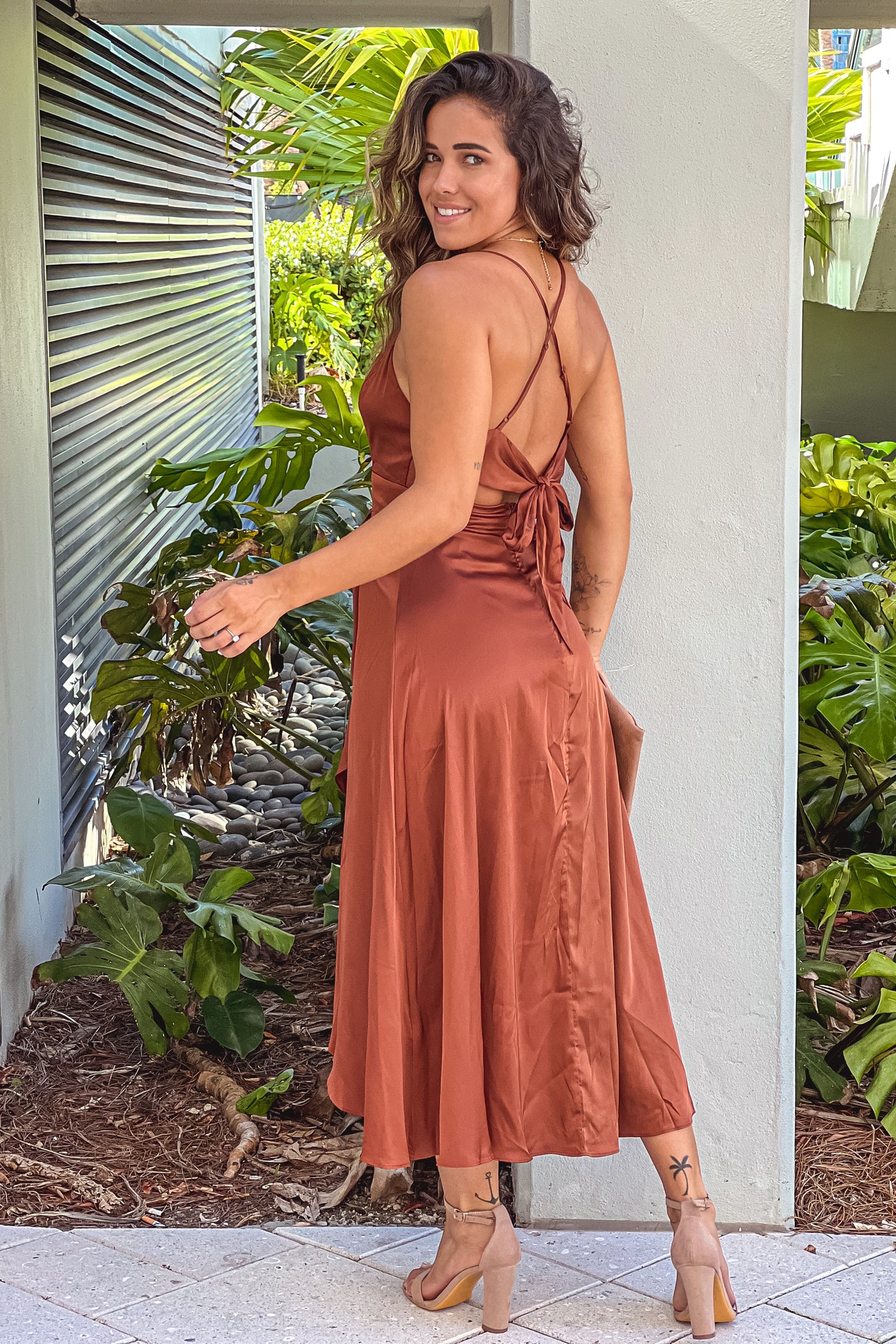 brown satin dress with criss cross back