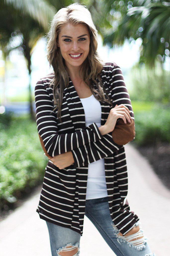 Brown Striped Cardigan With Elbow Patches