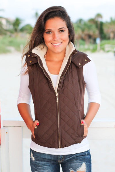 Brown Quilted Vest with Fur Collar