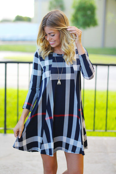 Navy Check Print Short Dress with 3/4 Sleeves