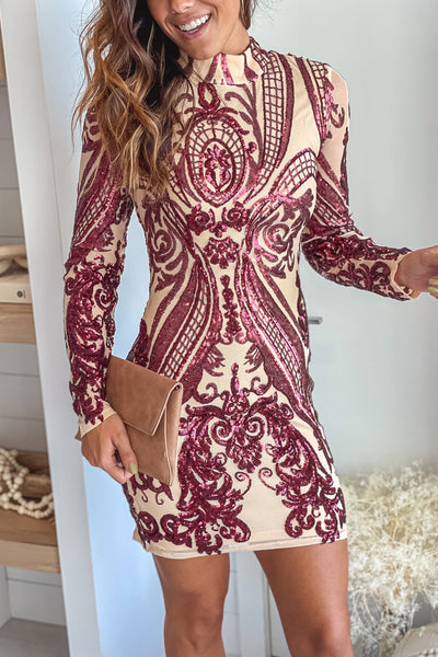 burgundy and beige sequin short dress
