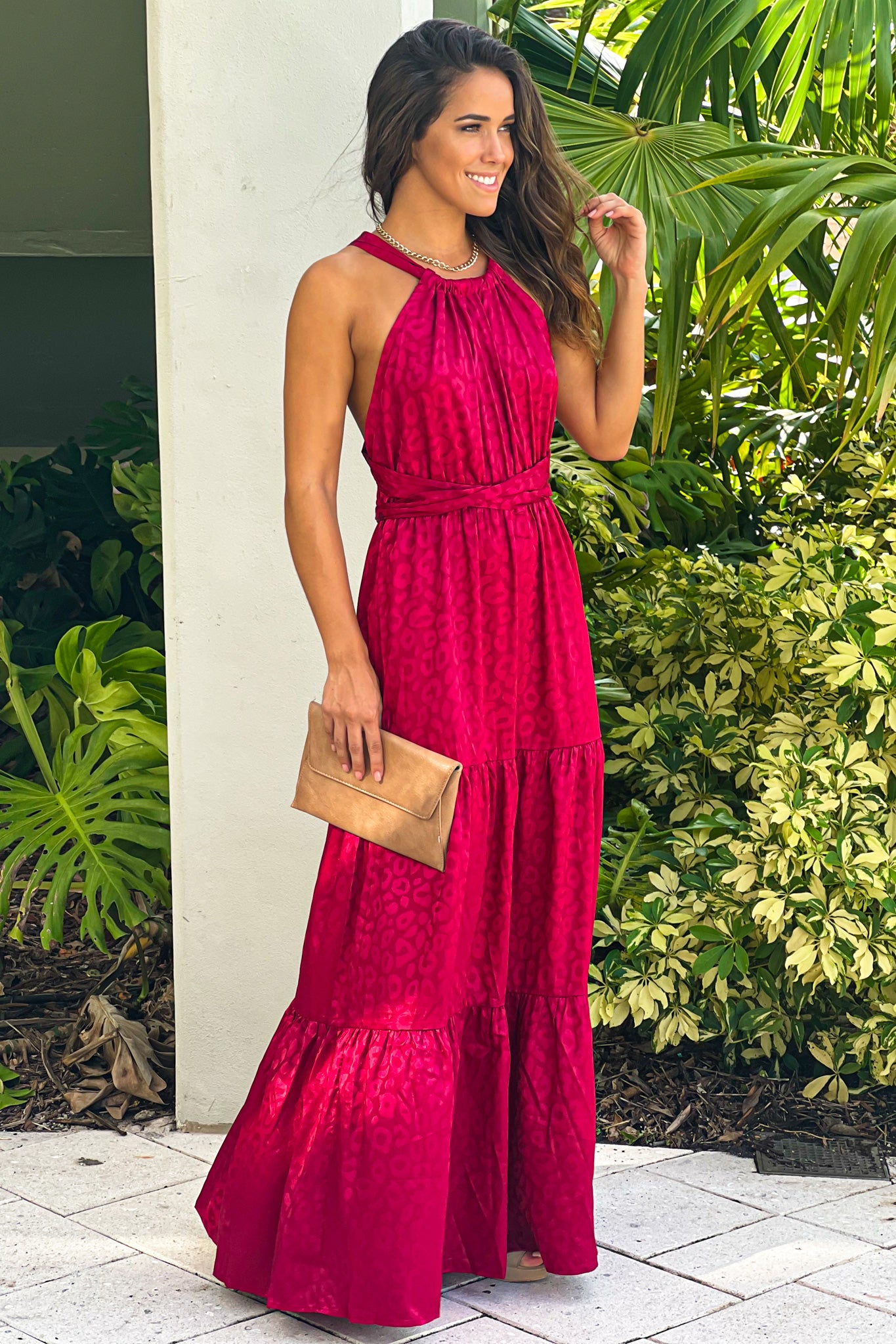 Burgundy Animal Print Satin Maxi Dress With Open Back Maxi