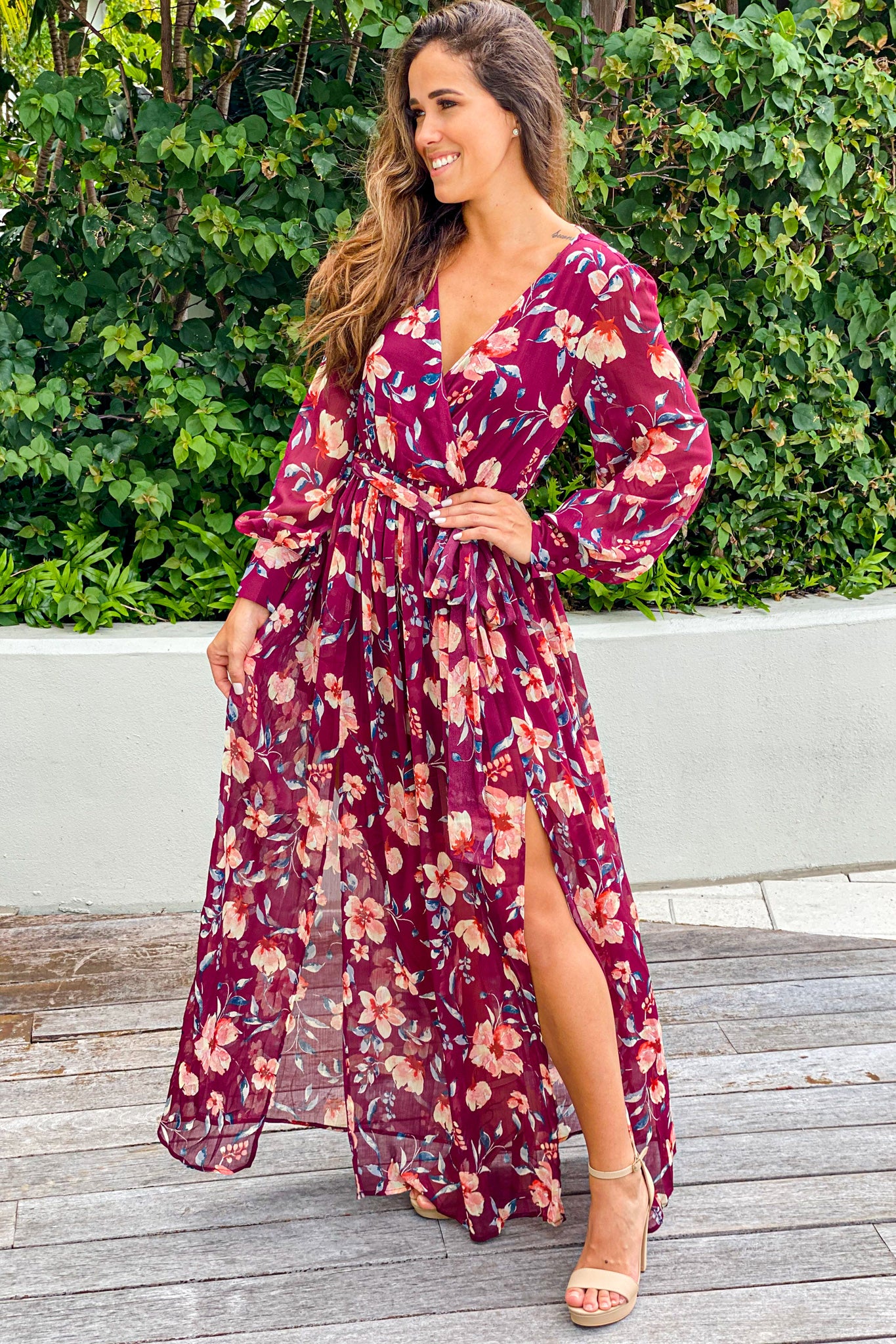 Burgundy Floral Maxi Dress Vacation Maxi Dress – Saved by the Dress