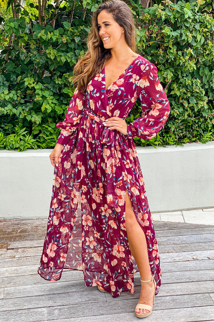 floral dress long sleeve Burgundy Floral Maxi Dress