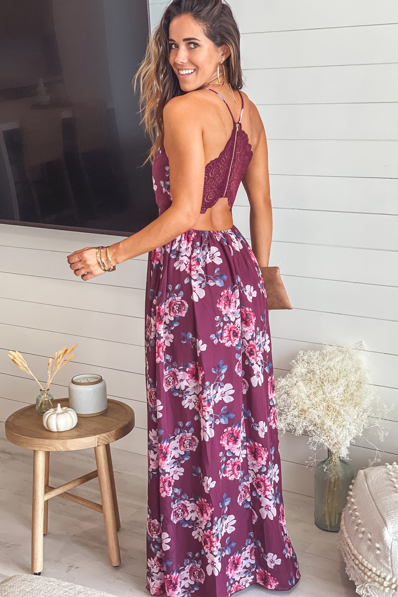 burgundy floral maxi dress with lace back