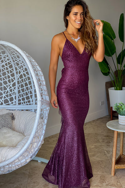 burgundy glitter maxi dress with bow ruffle details