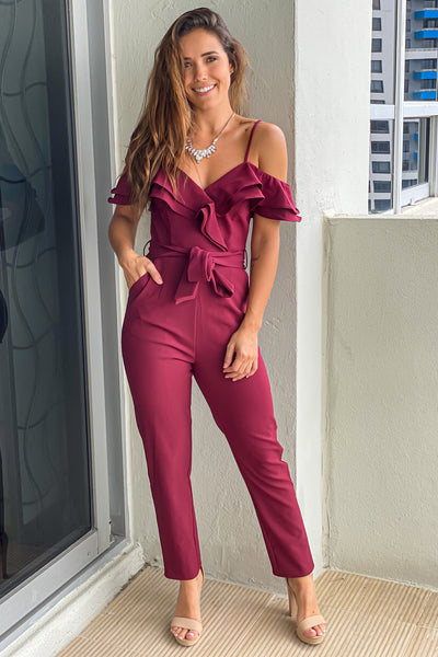 burgundy jumpsuit with ruffled top