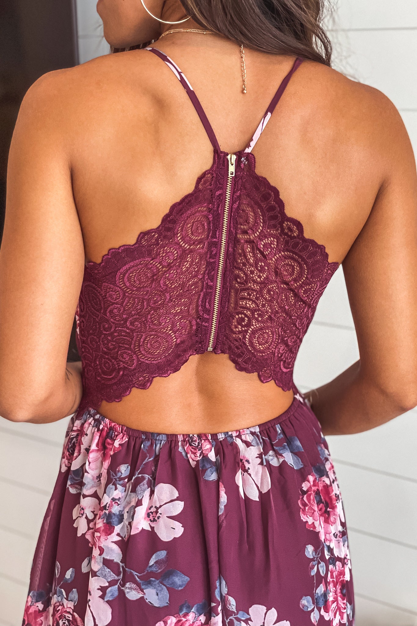 burgundy lace back maxi dress