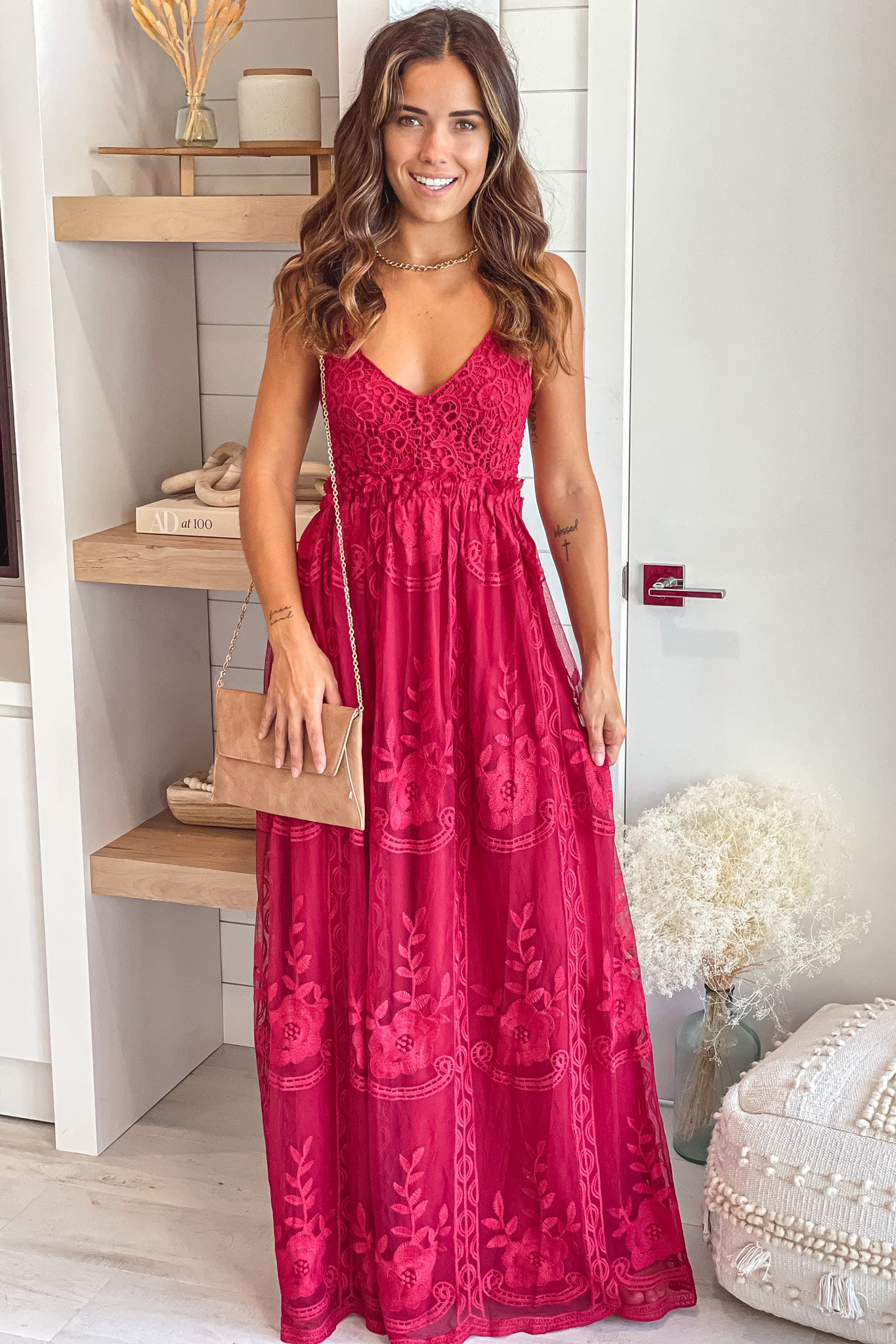 Burgundy Lace Maxi Dress With Crochet Top