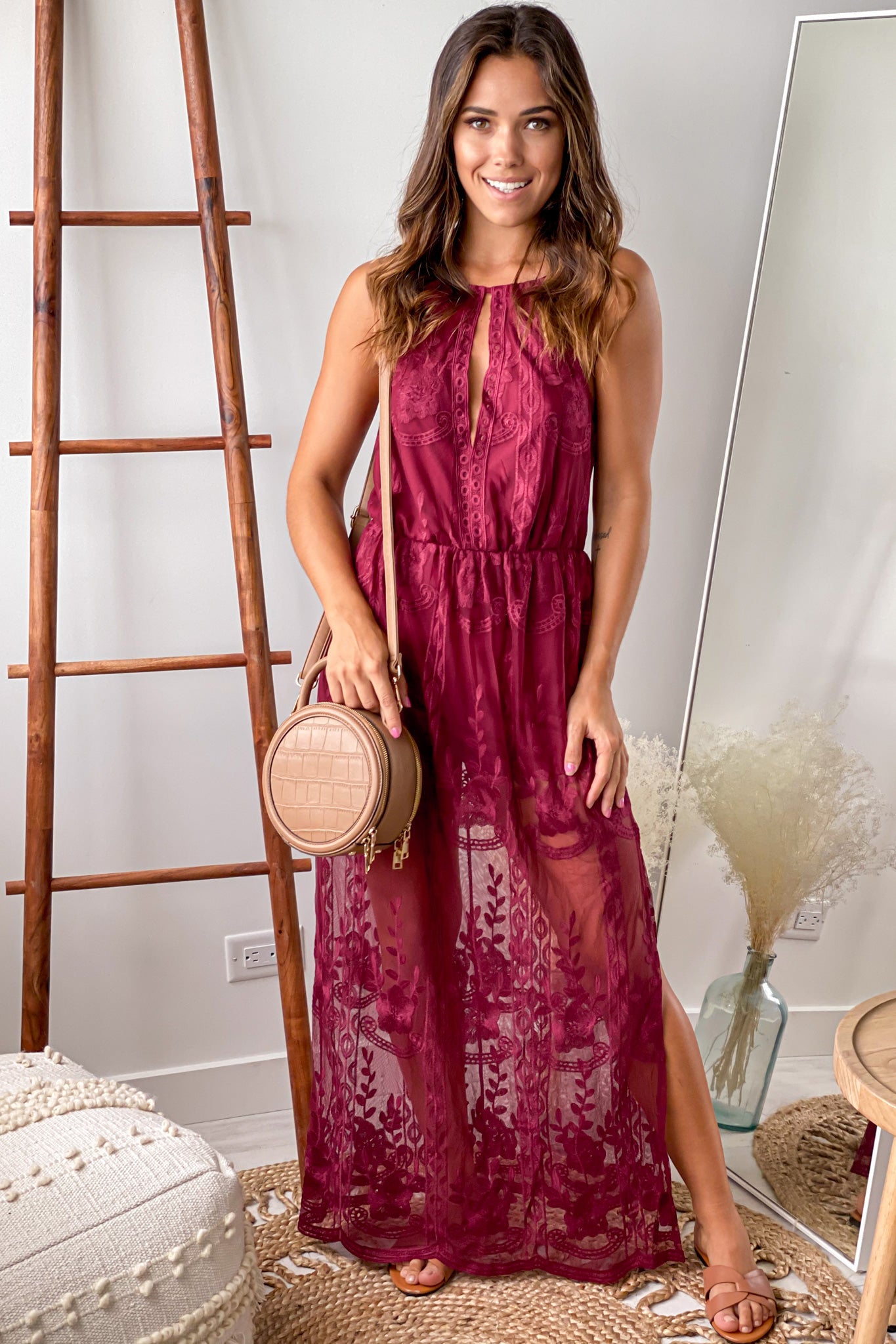 burgundy lace maxi romper with cut out