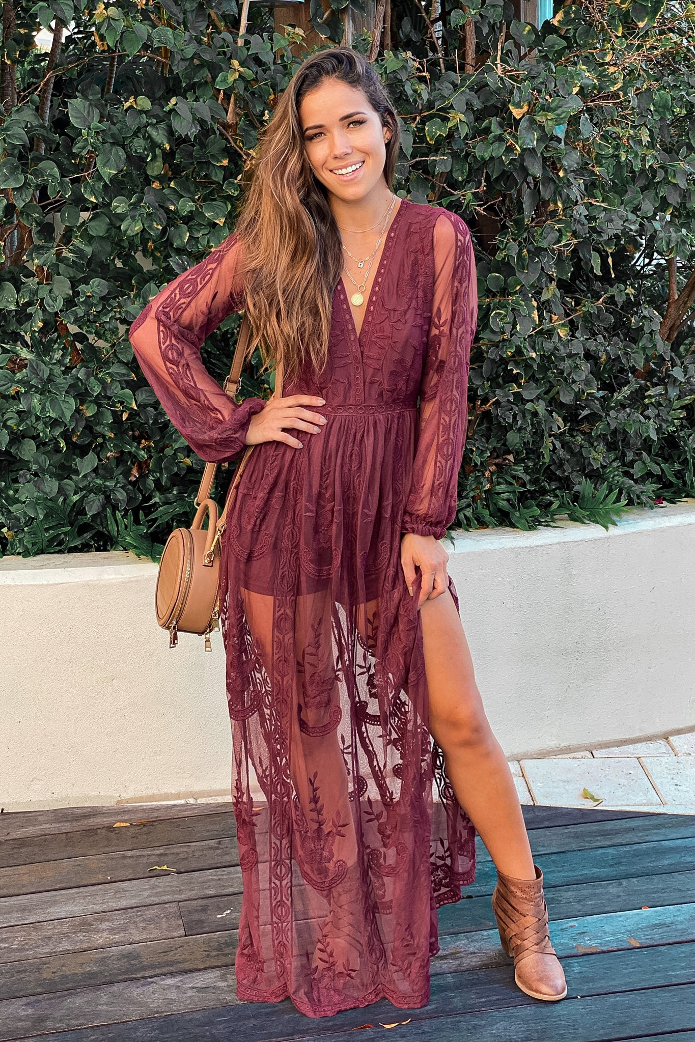 burgundy lace maxi romper with long sleeves