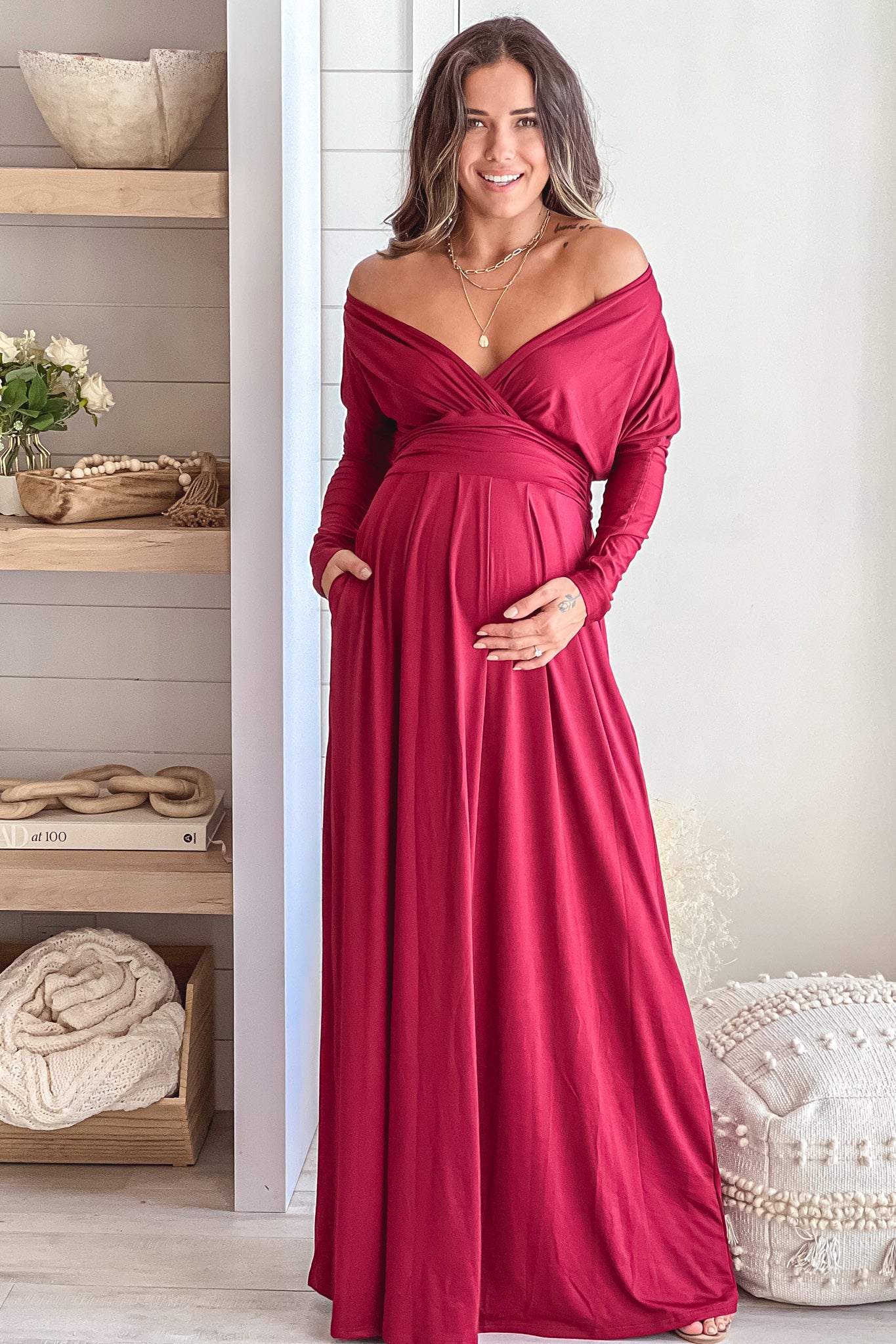 burgundy maternity maxi dress with dolman sleeves and pockets